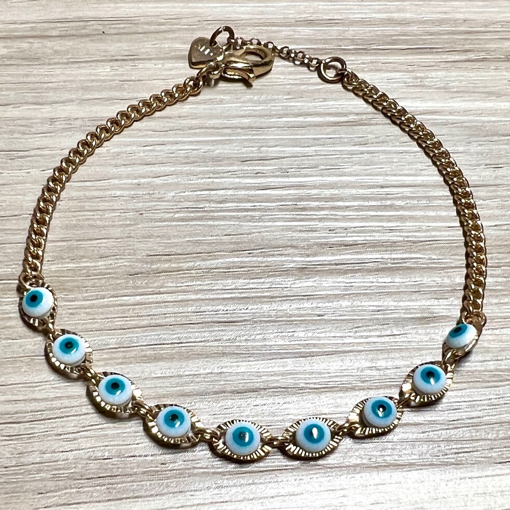 Designer ALDO Gold Tone Blue Evil Eye Protection Bracelet, 7.5” To 8” - Picture 2 of 5